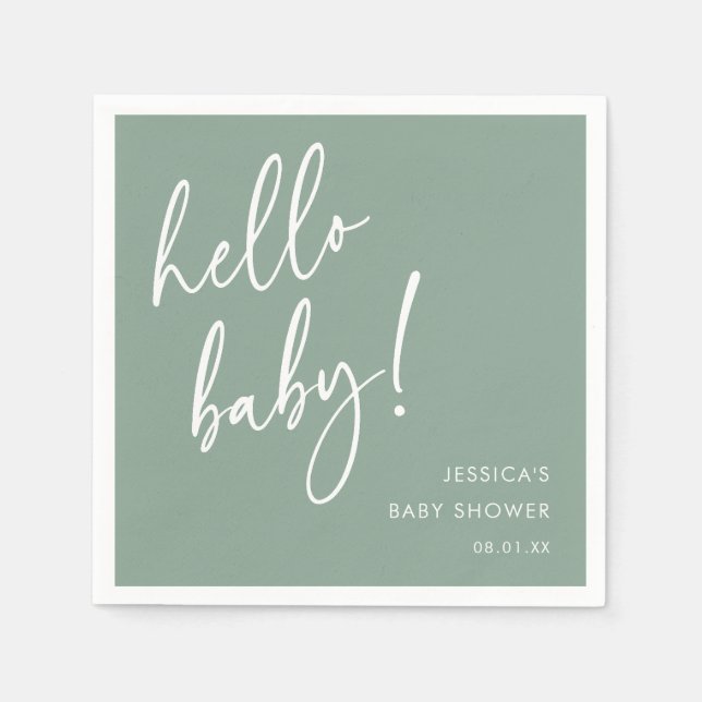 Sagegröna Hello Baby Shower Servetter (Framsidan)