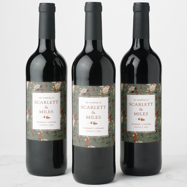 Sagegröna höst terrakotta blad bröllopsfavor vinflaska etikett (Sage Green Fall Terracotta Foliage Wedding Favor Wine Label by Painted Paperie
)