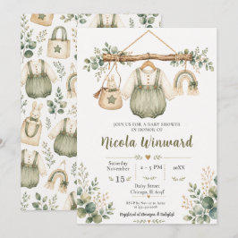 Sagegröna klädstreck Baby Shower Inbjudningar