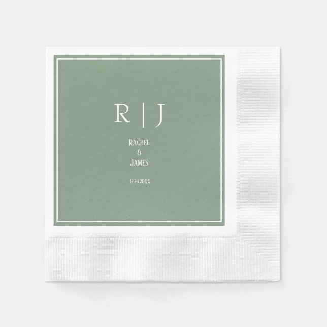 Sagegröna monogram Elegant Trendig Modern Bröllop Pappersservett (Framsidan)