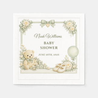 Sagegröna nallebabyshower servetter i papper