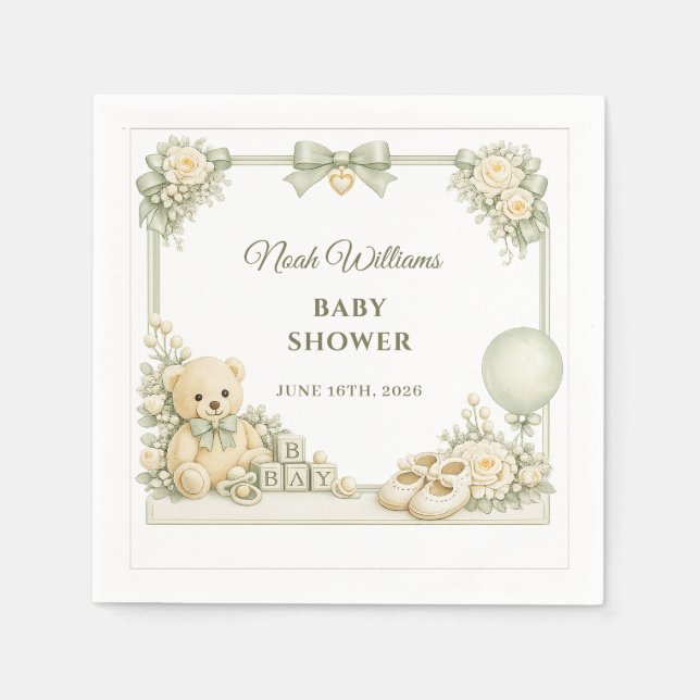 Sagegröna nallebabyshower servetter i papper (Framsidan)