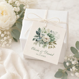 Sagegröna och elfenbensfärgade blommor bröllop gåvor etiketter