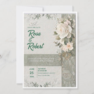 Sagegröna och vita rosor Elegant bröllopsinbjudan Inbjudningar