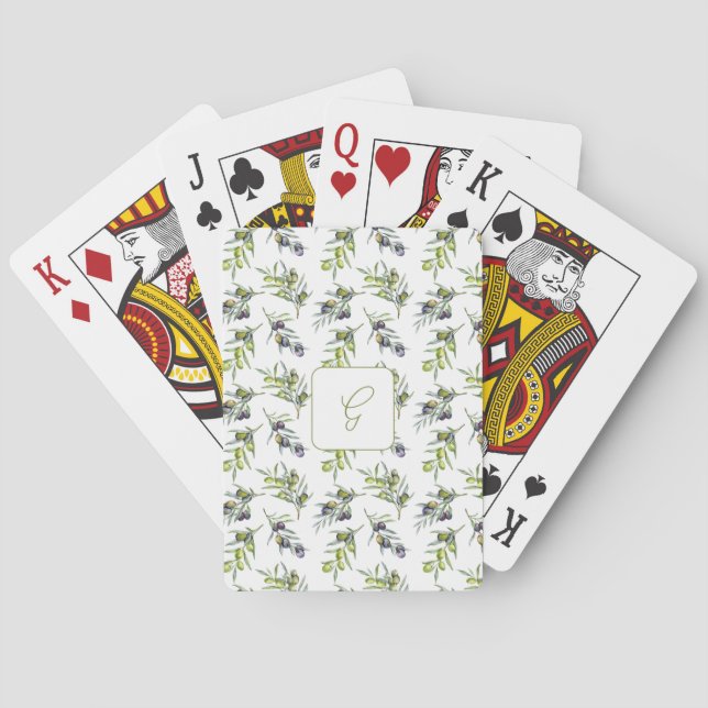 Sagegröna oliv vattenfärgmonogramnamn casinokort (Baksidan)