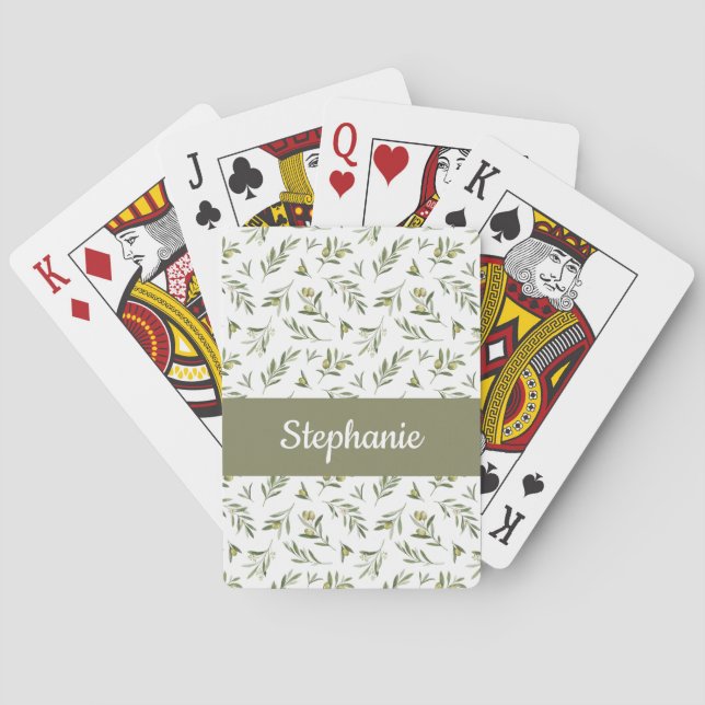 Sagegröna oliv vattenfärgmonogramnamn casinokort (Baksidan)