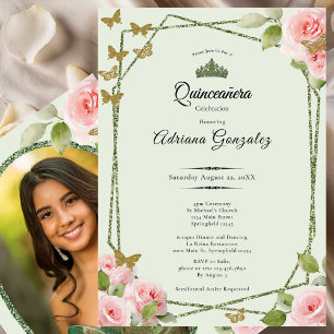 Sagegröna Quinceanera Rosa Rosor Guld Fjärilar Inbjudningar