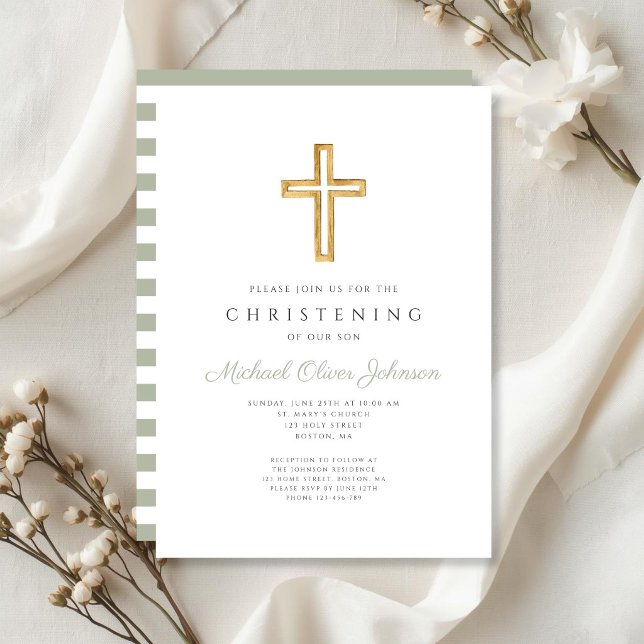 Sagegröna Ränder Religiöst Kors Dop Inbjudningar (Sage Green Stripes Religious Cross Christening Invitation)