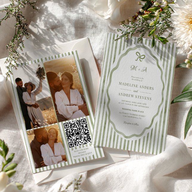 Sagegröna Ränder Trädgård Foto QR Bröllop Inbjudningar (Sage Green Stripes Garden Photo QR Wedding Invitation)