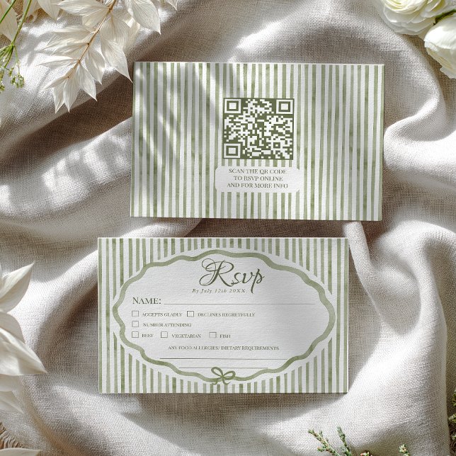 Sagegröna ränder trädgård QR bröllop OSA Kort (Sage Green Stripes Garden QR Wedding RSVP Card)