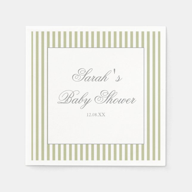 Sagegröna randiga baby shower pappersservett (Framsidan)