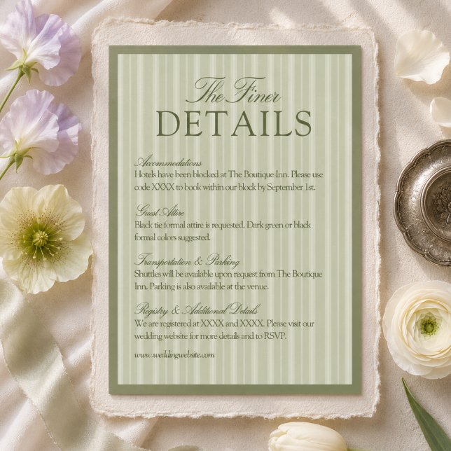 Sagegröna randiga bröllopsdetaljer tilläggskort (Sage Green Stripe Wedding Details Enclosure Card)