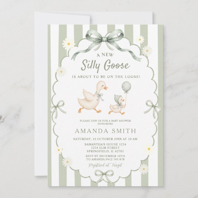 Sagegröna randiga prickar Silly Goose Baby Shower Inbjudningar (Framsida)