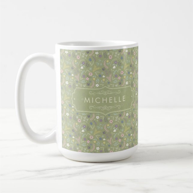Sagegröna rosa vita blommor Blommig boho-mönster Kaffemugg (Vänster)