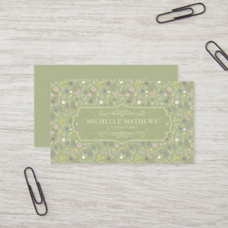 Sagegröna rosa vita blommor floral boho-mönster visitkort