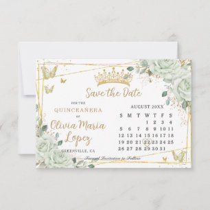 Sagegröna rosor Blommig guld Quinceañera-kalender Spara Datumet