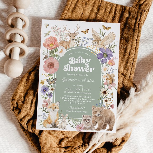 Sagegröna skogsdjur Vildblomma Baby Shower Inbjudningar (Skapare uppladdad)
