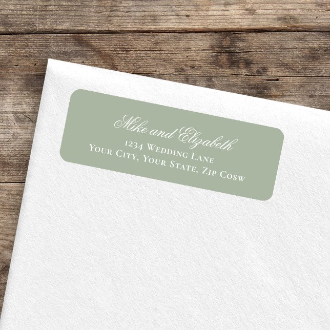 Sagegröna skriptnamn Bröllopsadress Returadress Etikett (Sage green script names return address label on envelope, minimalist wedding style)