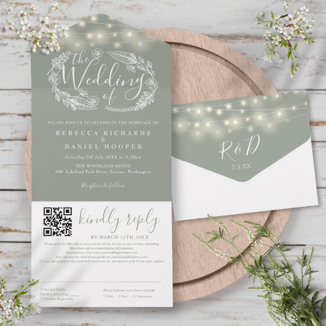 Sagegröna strängljus blommande QR-kod bröllop (Sage Green String Lights Floral QR Code Wedding All In One Invitation)