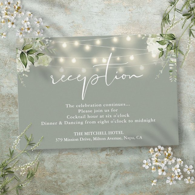Sagegröna strängljus Blommig bröllopsmottagning Tilläggskort (Sage Green String Lights Floral Wedding Reception Enclosure Card)