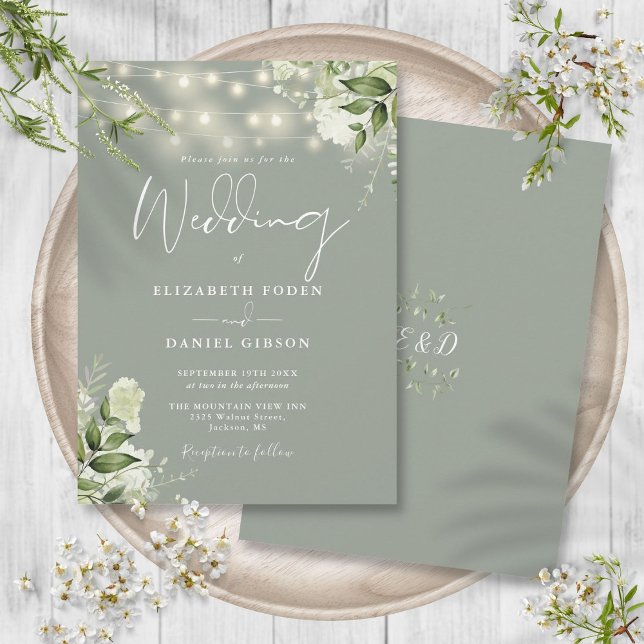 Sagegröna strängljus blommonogram bröllop inbjudningar (Sage Green String Lights Floral Monogram Wedding Invitation)