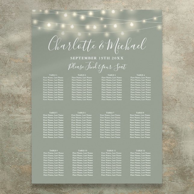 Sagegröna strängljus bröllopsplatskarta poster (Sage Green String Lights Wedding Seating Chart)