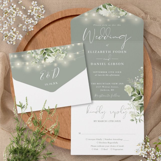 Sagegröna strängljus grönska monogram bröllop (Sage Green String Lights Greenery Monogram Wedding All In One Invitation)