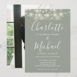 Sagegröna strängljus manus foto bröllop  inbjudningar