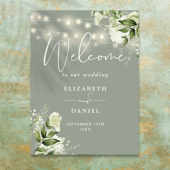 Sagegröna strängljus med blommor för brölloppshäls poster (Sage Green String Lights Floral Wedding Welcome Poster)