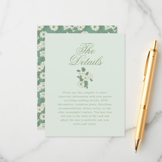 Sagegröna Trädgård Chinoiserie Bröllopsdetaljer Tilläggskort (Fram/Back In Situ)