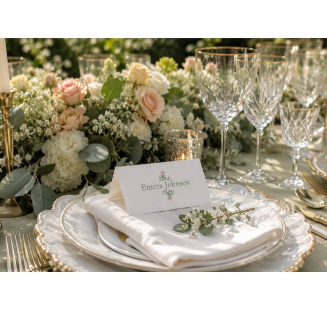 Sagegröna trädgårdsblomma Folklig Bröllop Placeringskort (Personalized sage green wedding place card styled in a luxury garden reception table setting)