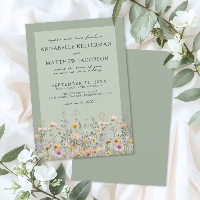 Sagegröna vilda blommor akvarell blomsterbröllop inbjudningar (Sage Green Wildflower Watercolor Floral Wedding Invitation)