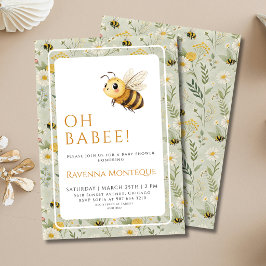 Sagegröna vilda blommor Bin Anpassad Oh Baby Babys Inbjudningar