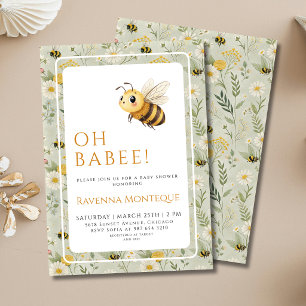 Sagegröna vilda blommor Bin Anpassad Oh Baby Babys Inbjudningar
