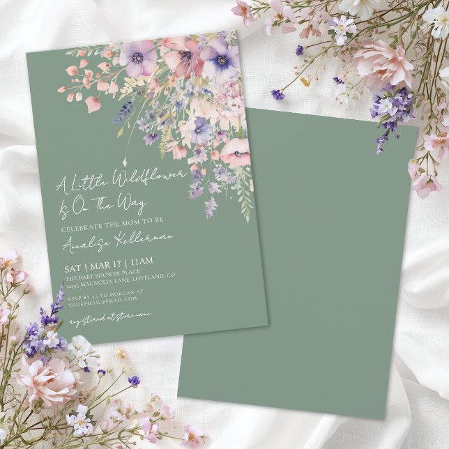 Sagegröna vilda blommor Blommig babyfest Inbjudningar (Sage Green Wildflower Floral Baby Shower Invitation)