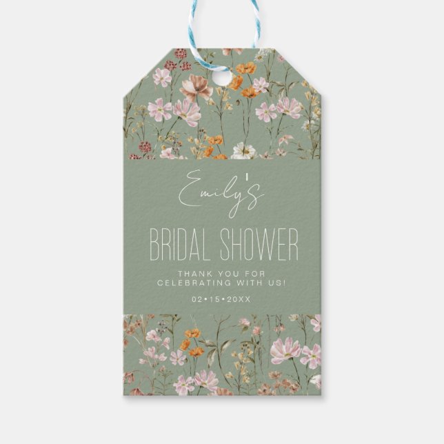 Sagegröna vilda blommor Boho bröllopsdusch Tack ko Presentetikett (Framsidan)