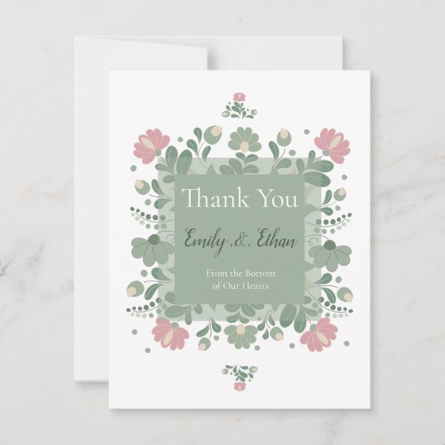 Sagegröna vilda blommor Folk Wedding Tack Kort (Framsida)