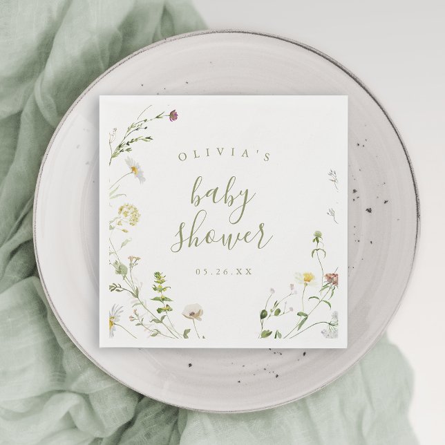 Sagegröna vilda blommor rustik boho-barnkalas  pappersservett (Elegant Wildflower Rustic Boho Baby Shower Napkins)