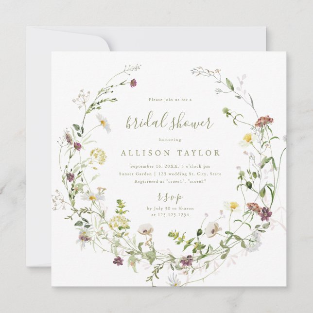 Sagegröna vilda blommor rustik boho bröllopsdusch inbjudningar (Framsida)