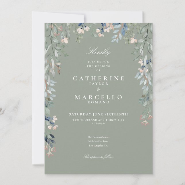 Sagegröna vildblommor Blommig QR-kod Bröllopsinbju Inbjudningar (Framsida)