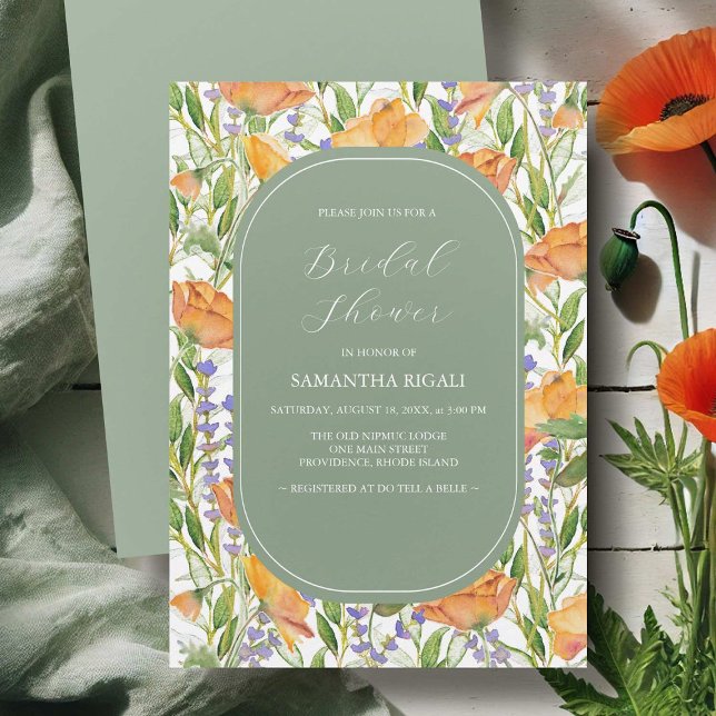 Sagegröna vildblommor Bröllopsdusch-inbjudningar (Sage green and watercolor flowers bridal shower invitations art by Victoria Grigaliunas DoTellABelle)