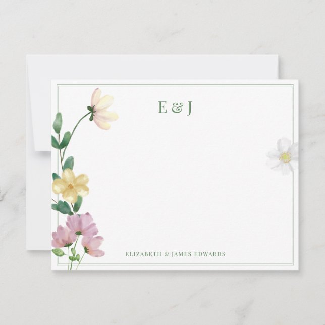 Sagegröna vildblommor med dubbel kant monogram anteckningskort (Framsida)