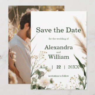 Sagegröna vildblommor och pampas Save The Date Spara Datumet