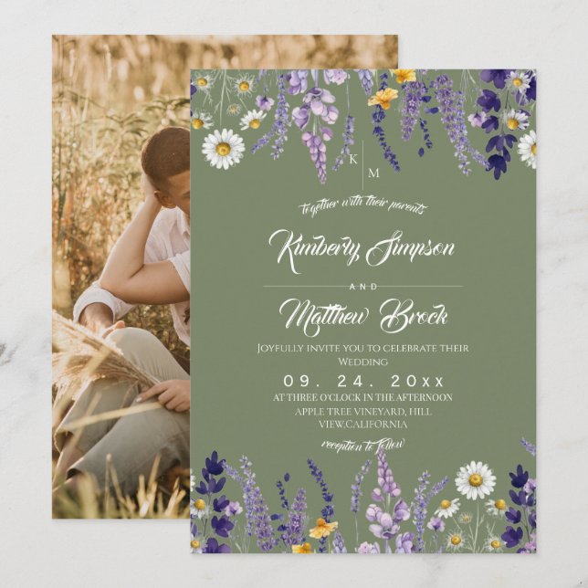 Sagegröna vildblommor rustika bröllopsbilder inbjudningar (Fram/baksida)