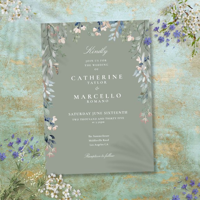 Sagegröna vildblommor Vattenfärg Blommig Bröllop Inbjudningar (Sage Green Wildflowers Watercolor Floral Wedding Invitation)