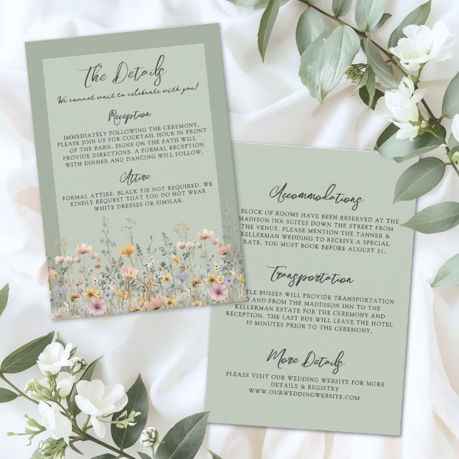 Sagegröna vildblommors blomsterbröllopsdetaljer tilläggskort (Sage Green Wildflower Floral Wedding Details Enclosure Card)
