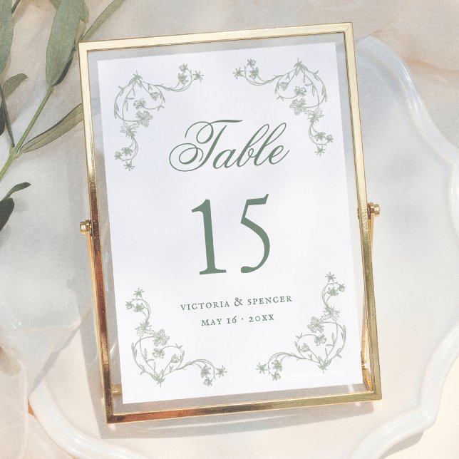 Sagegröna vintage blommiga bröllopsbord nummer bordsnummer (Skapare uppladdad)