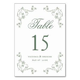 Sagegröna vintage blommiga bröllopsbord nummer bordsnummer