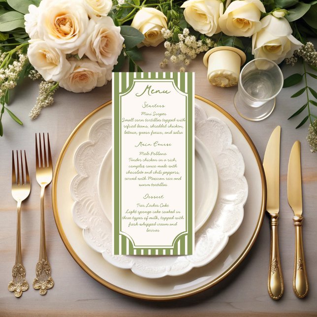 Sagegröna vintage-randiga bröllop meny (Sage green hand drawn vintage stripes personalized wedding menu cards)