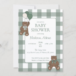 Sagegröna vita band och teddybjörnar Baby Shower Inbjudningar